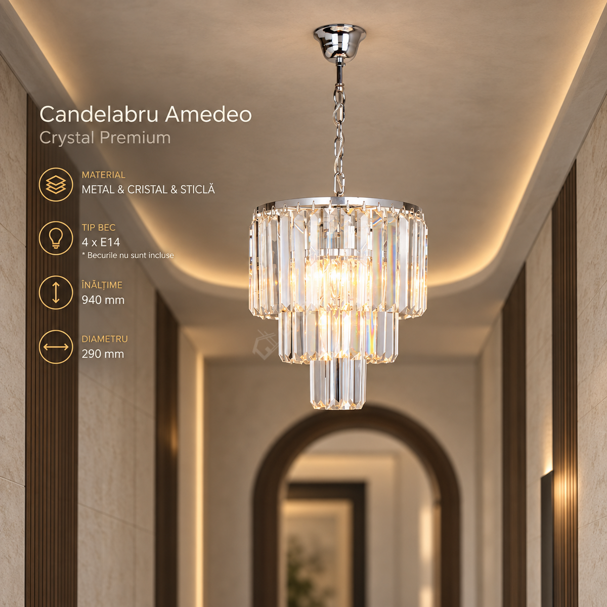Candelabru Suspendat Mini Amedeo Crystal Silver Premium Ø29CM