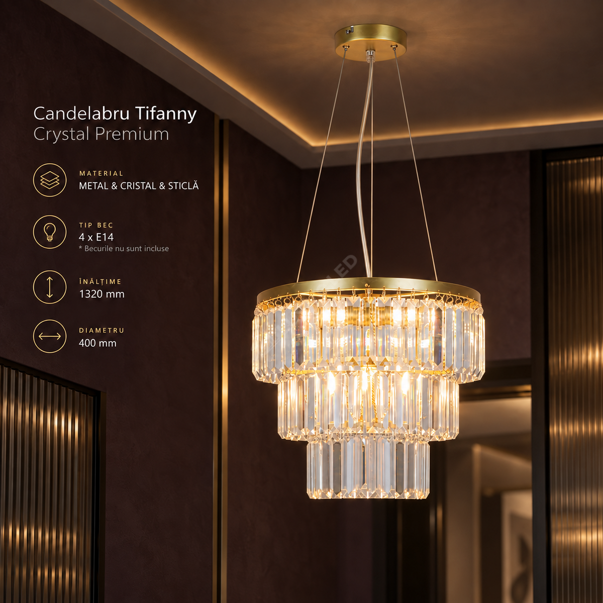 Candelabru Suspendat Tifanny Crystal Gold Premium Ø40CM