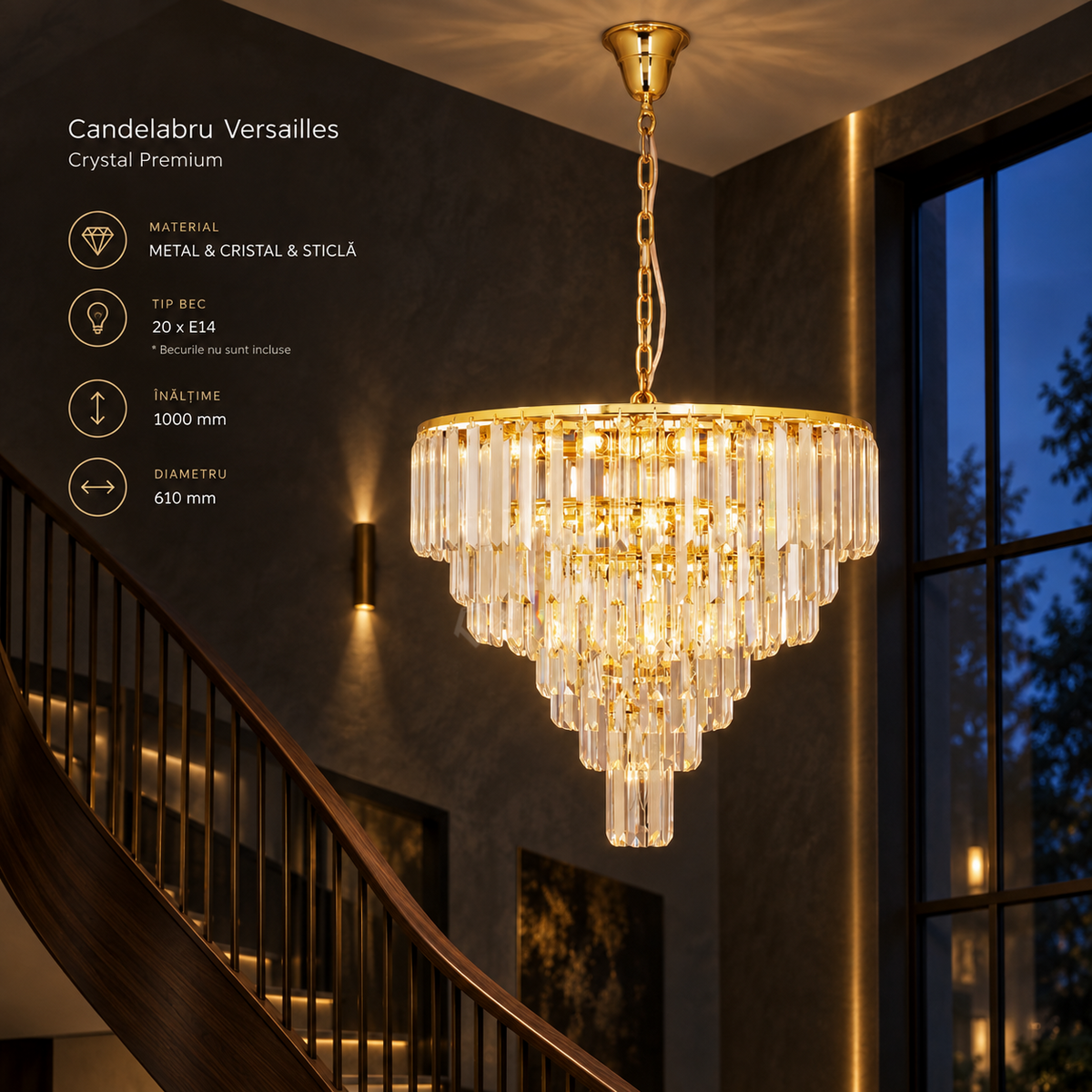 Candelabru Suspendat Versailles Crystal Gold Premium Ø61CM