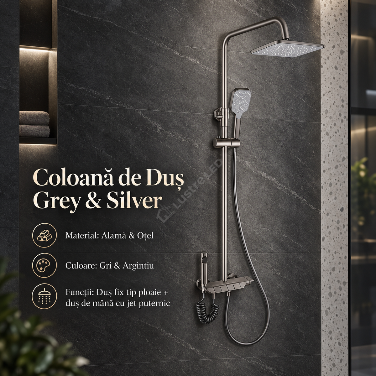 Coloana de Dus 1803 Gri Design Modern cu Cap Tip Ploaie