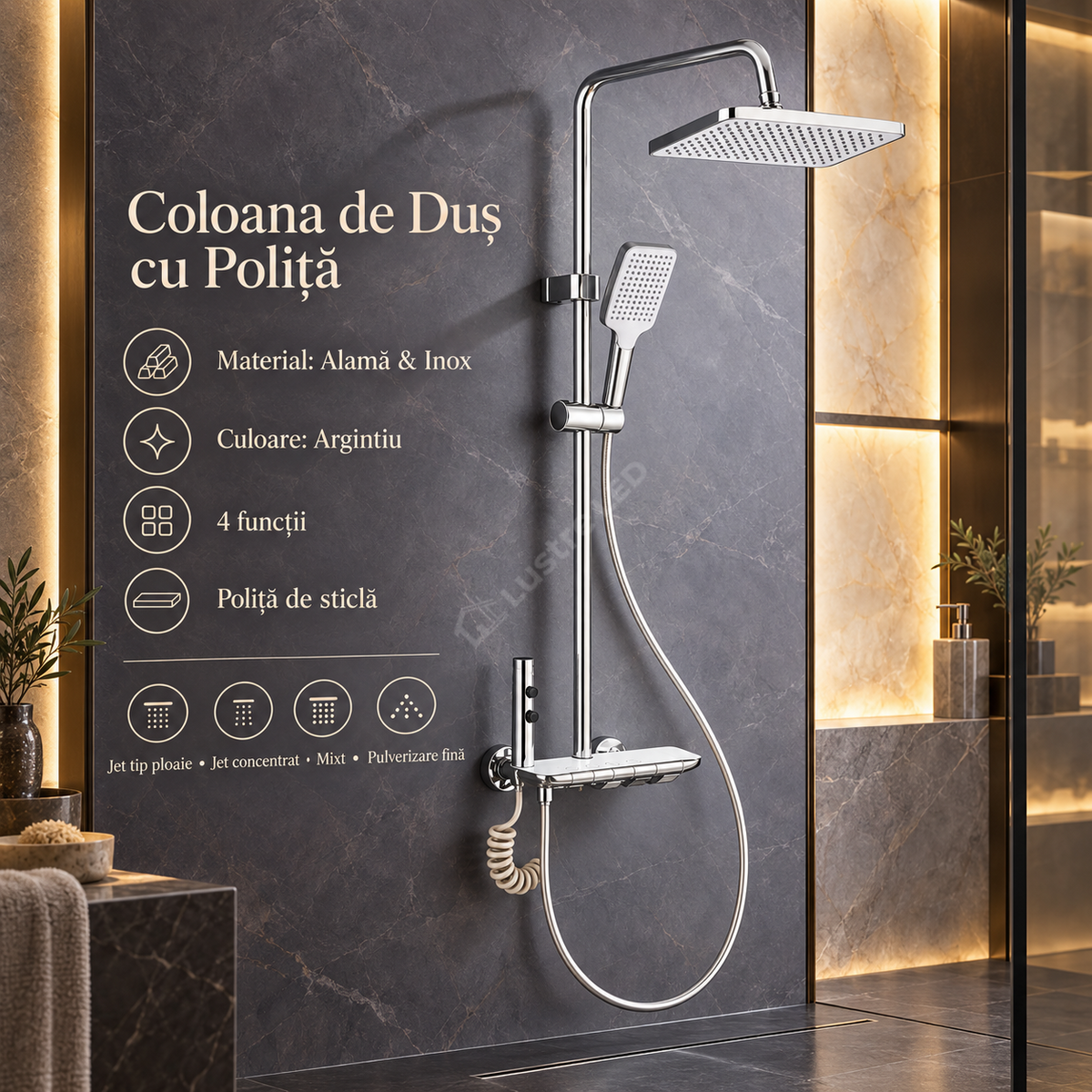 Coloana de Dus 4 Functii 1807 Cromata cu Polita din Sticla Alba