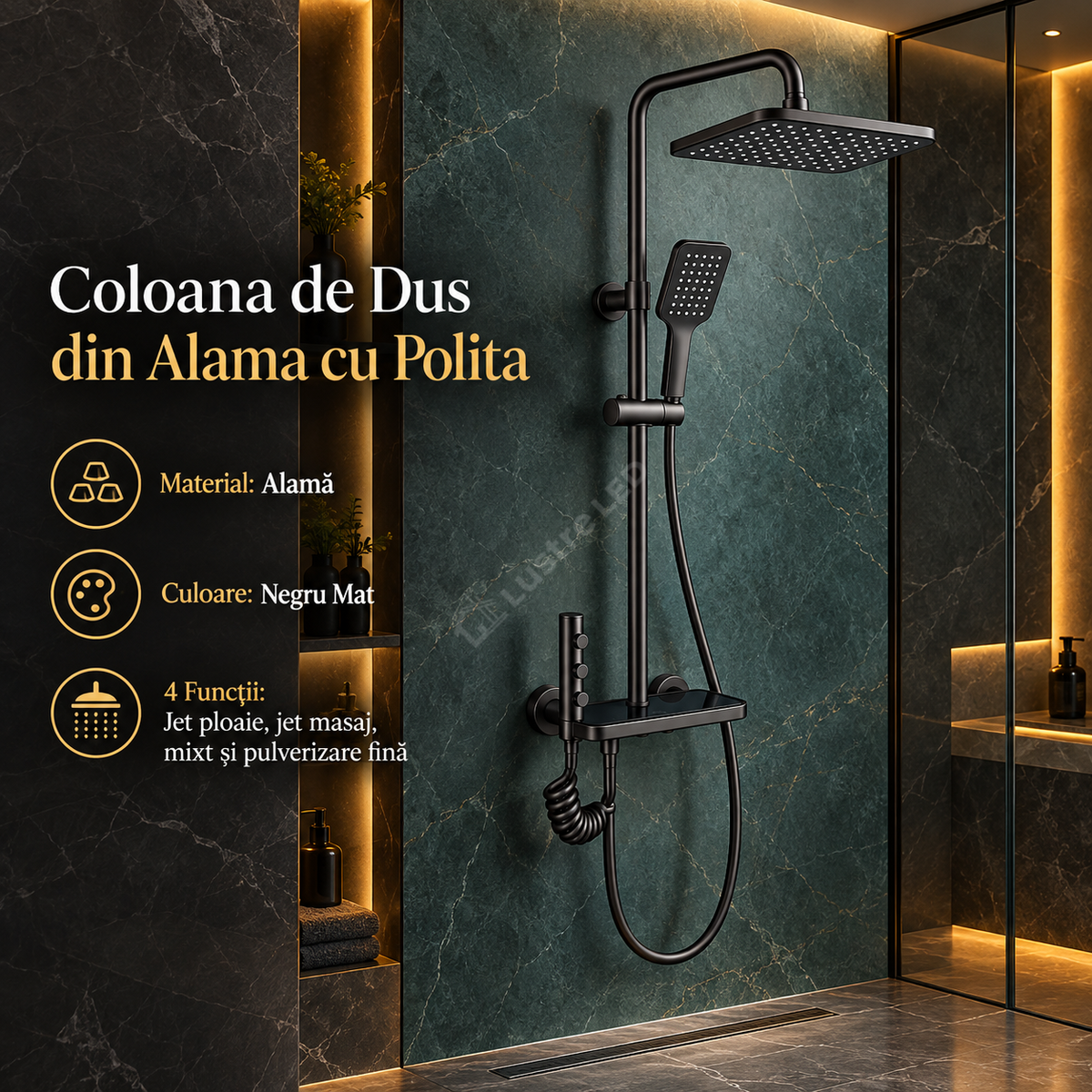 Coloana de Dus 4 Functii 1807 Negru Mat cu Polita din Sticla