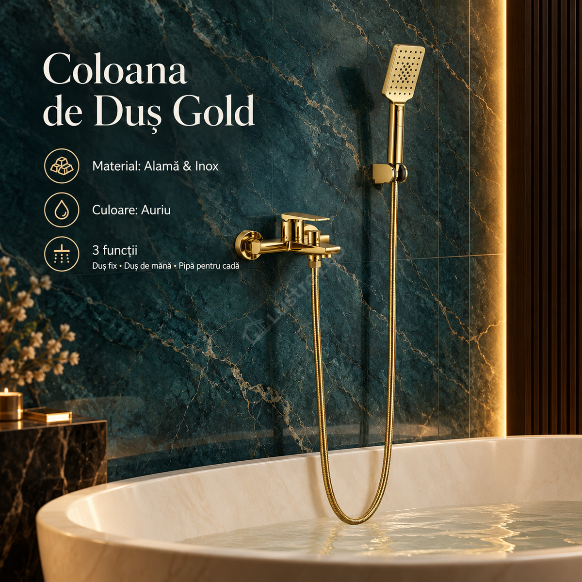 Coloana de Dus Auriu 3 Functii Design Slim Reglabil