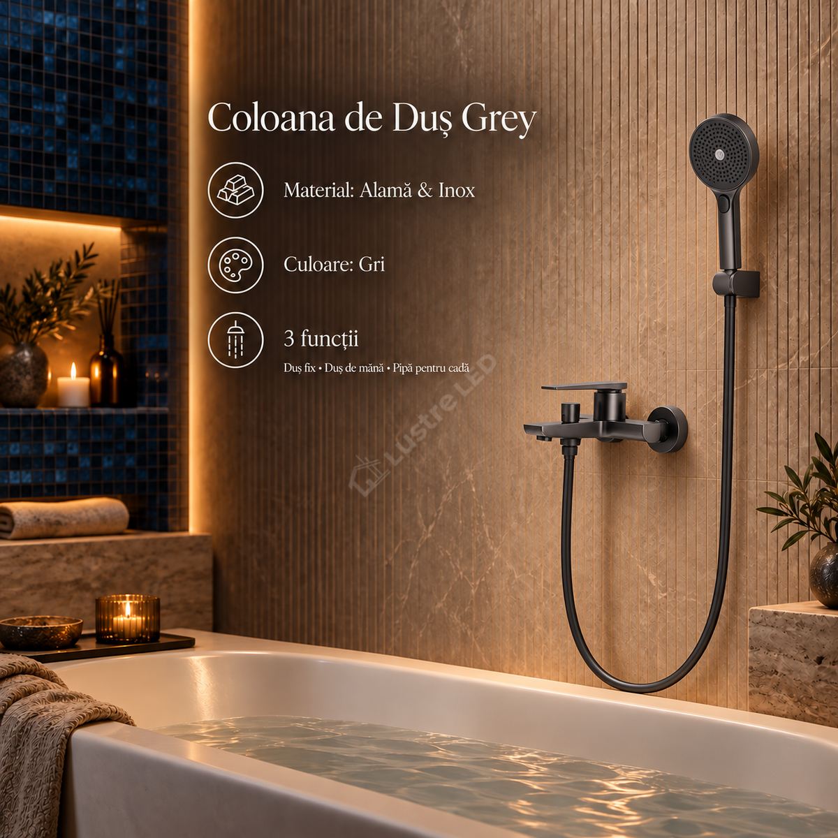Coloana de Dus Gri 3 Functii Design Slim si Reglabil