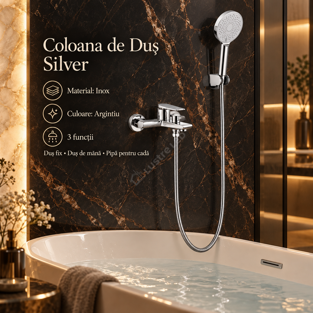 Coloana de Dus Inox Argintiu 3 Functii Design Slim si Reglabil