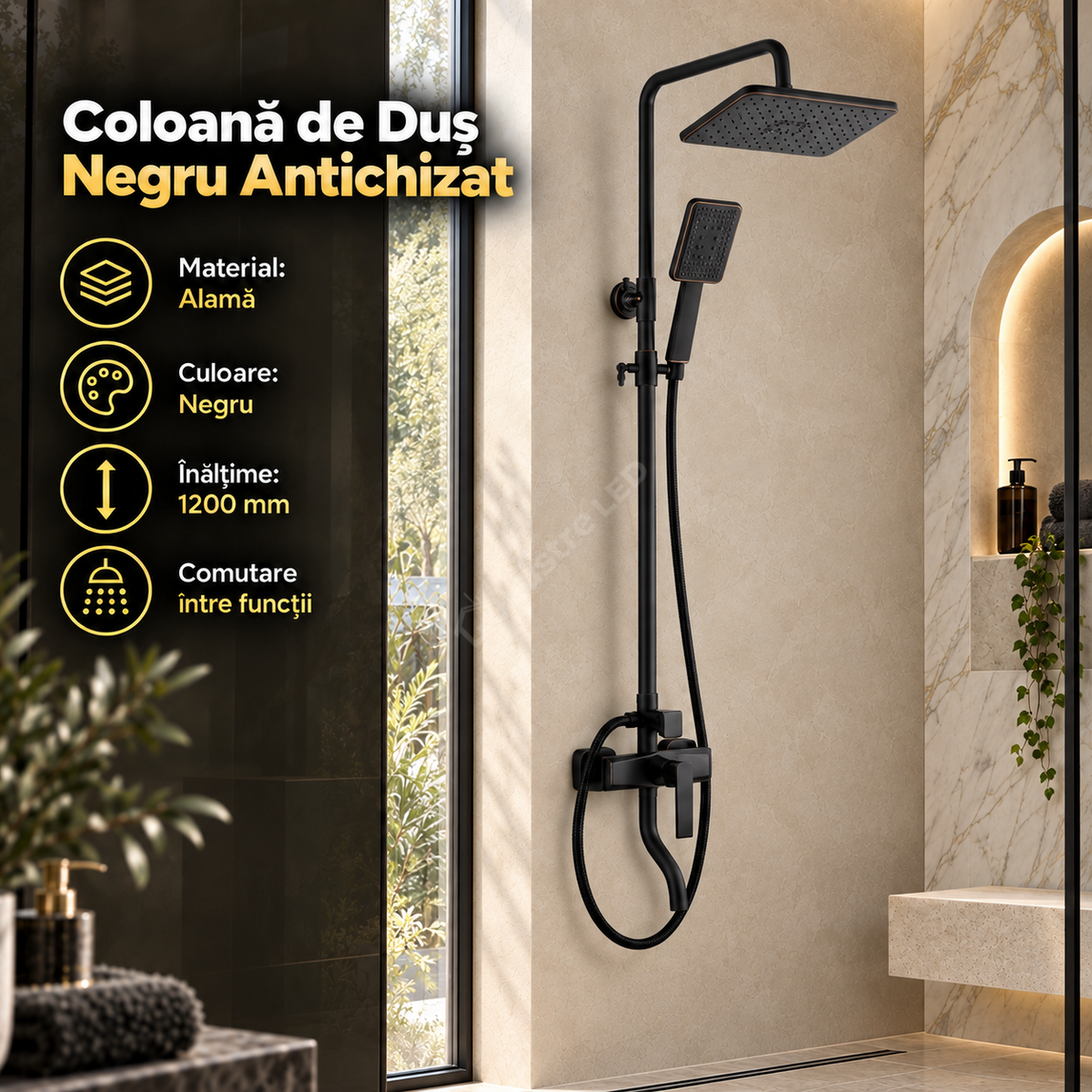 Coloana de Dus Negru Antichizat 1734 3 Functii din Alama Sanitara