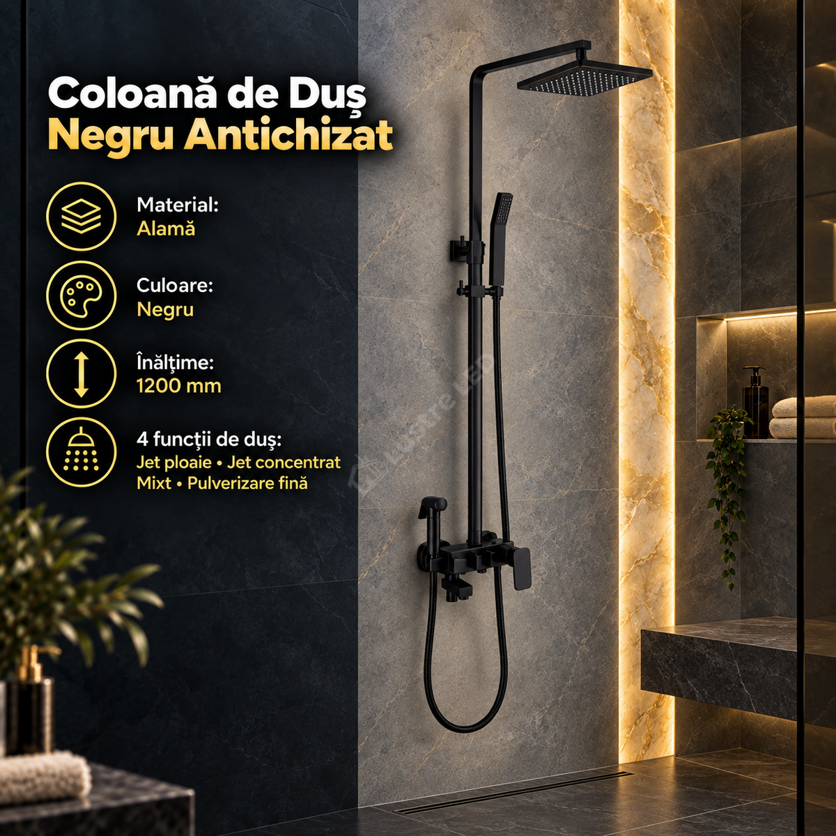 Coloana de Dus Negru Antichizat 1736 4 Functii din Alama Sanitara