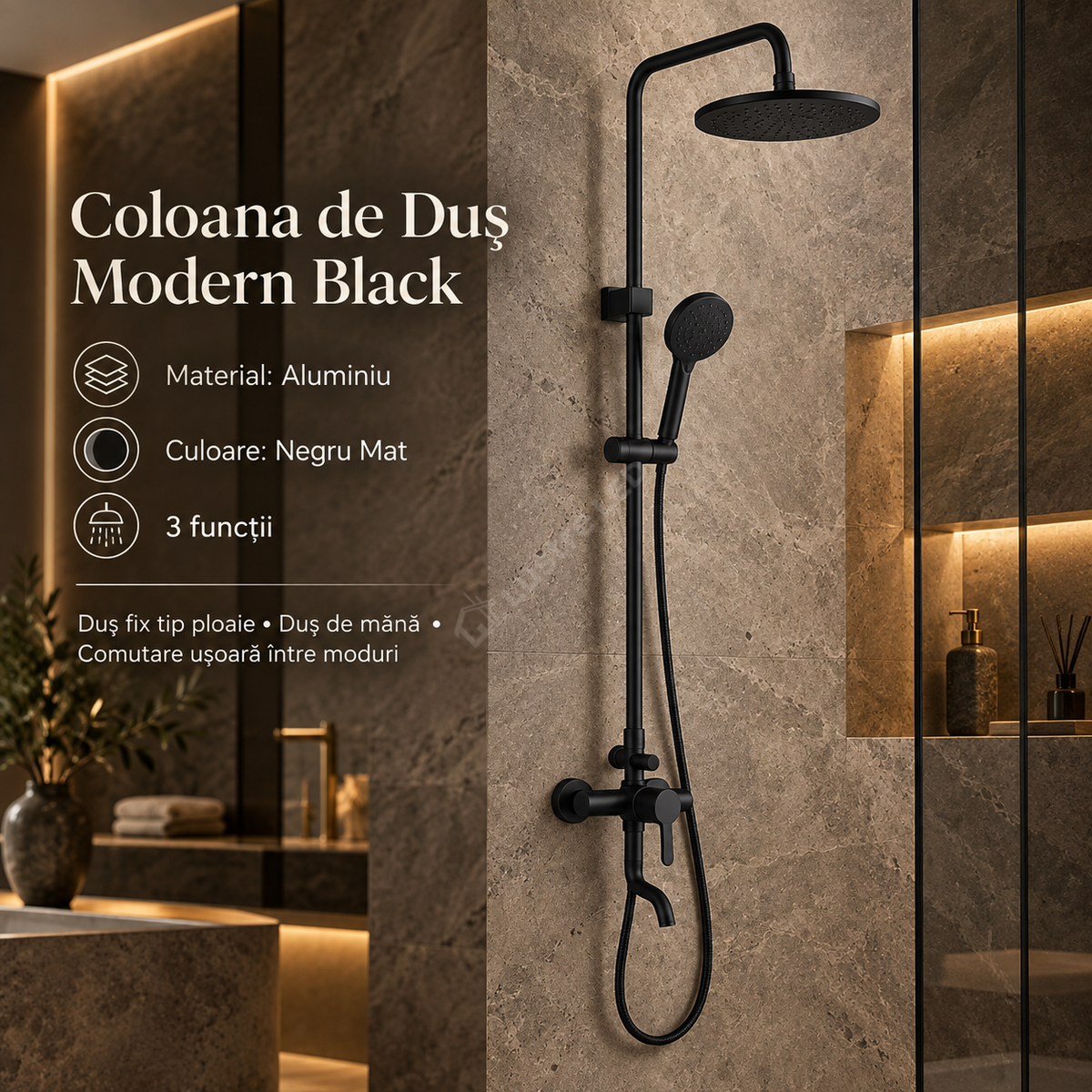 Coloana de Dus Negru Mat 1773 Design Modern