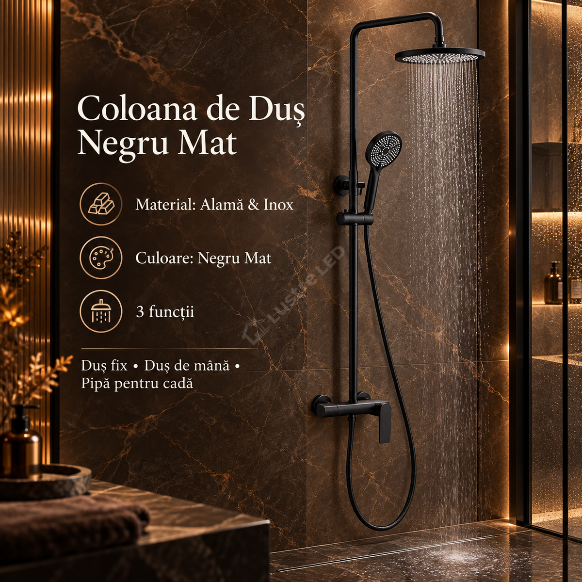 Coloana de Dus Negru Mat 5032-1 3 Functii Alama si Inox