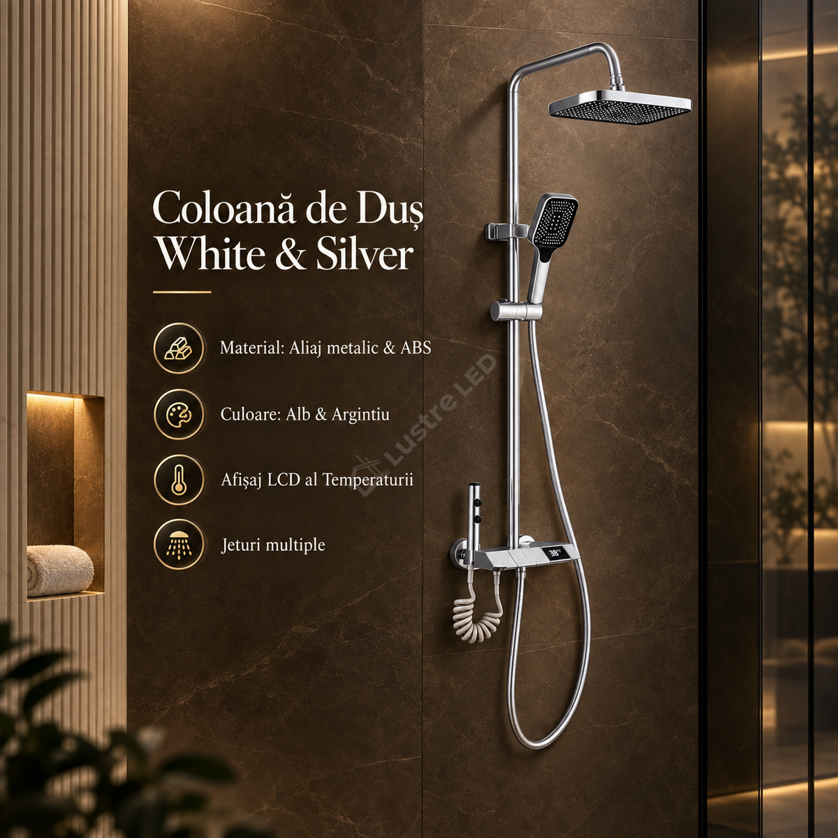 Coloana de Dus Premium 1803 Crom Cu Afisaj LCD Cap Tip Ploaie