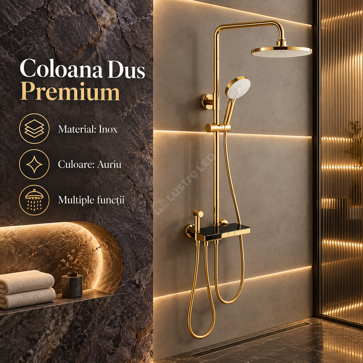 Coloana de Dus Premium 4 Moduri de Pulverizare Aurie Inox