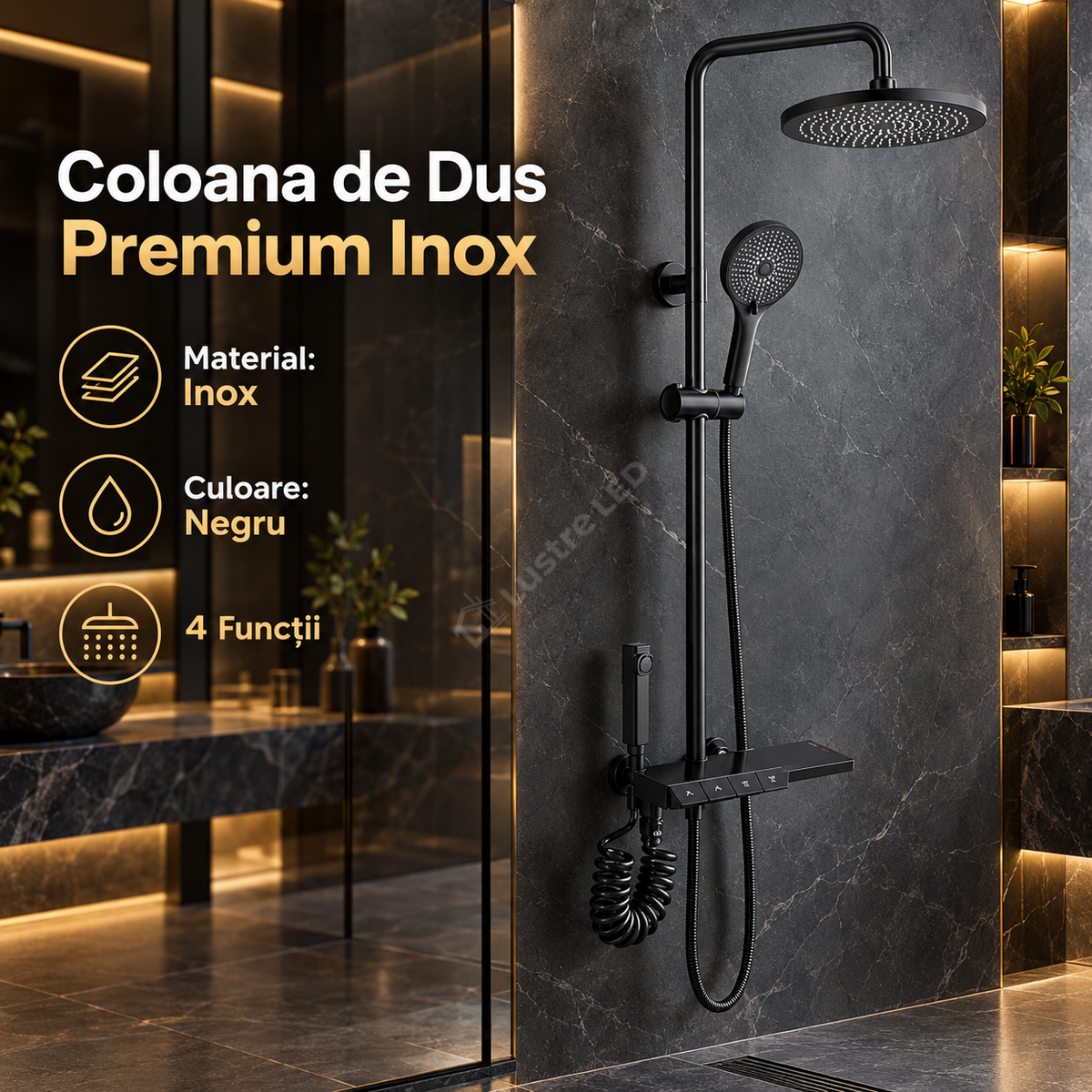Coloana de Dus Premium 4 Moduri de Pulverizare Negru Inox