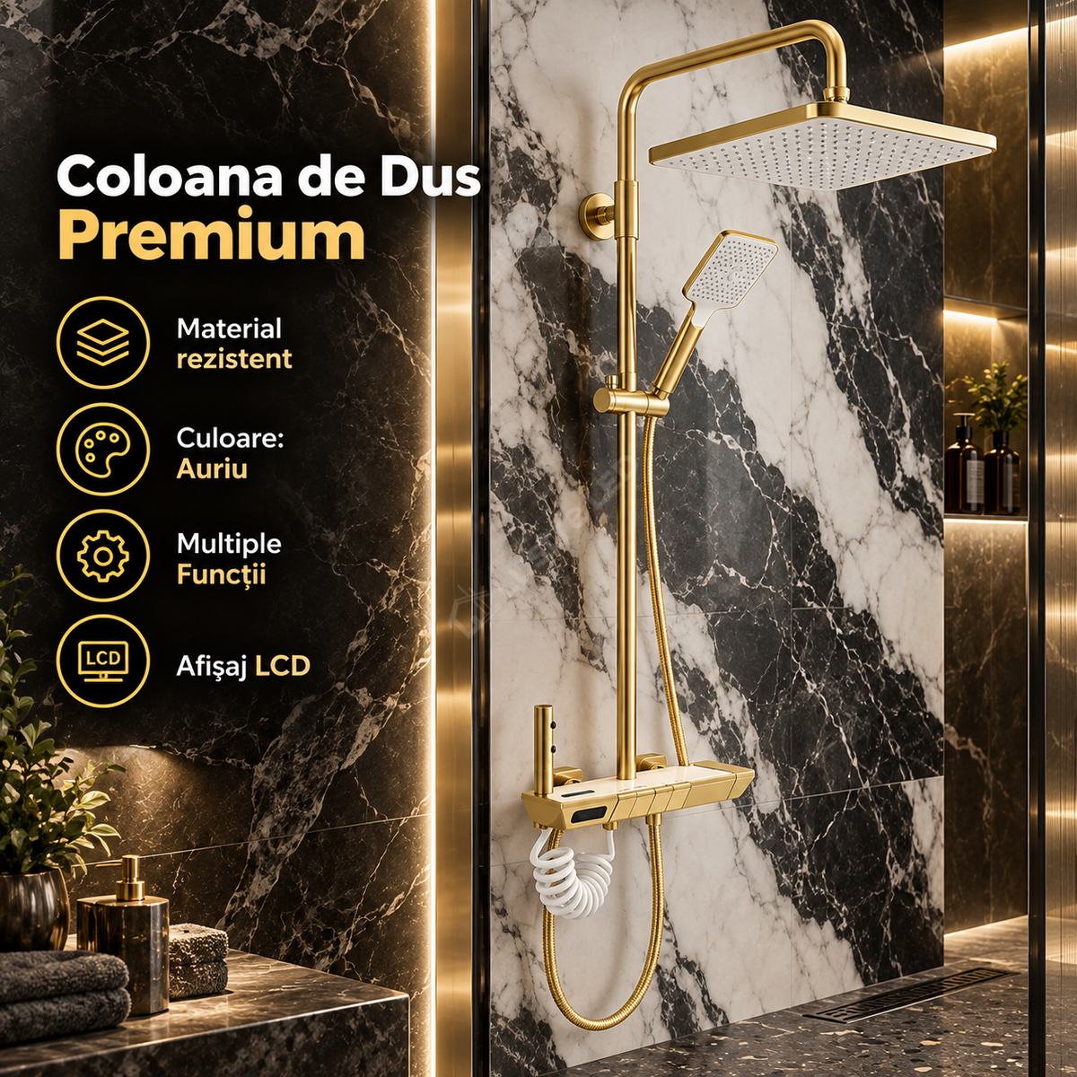 Coloana de Dus Premium Auriu Comenzi Piano