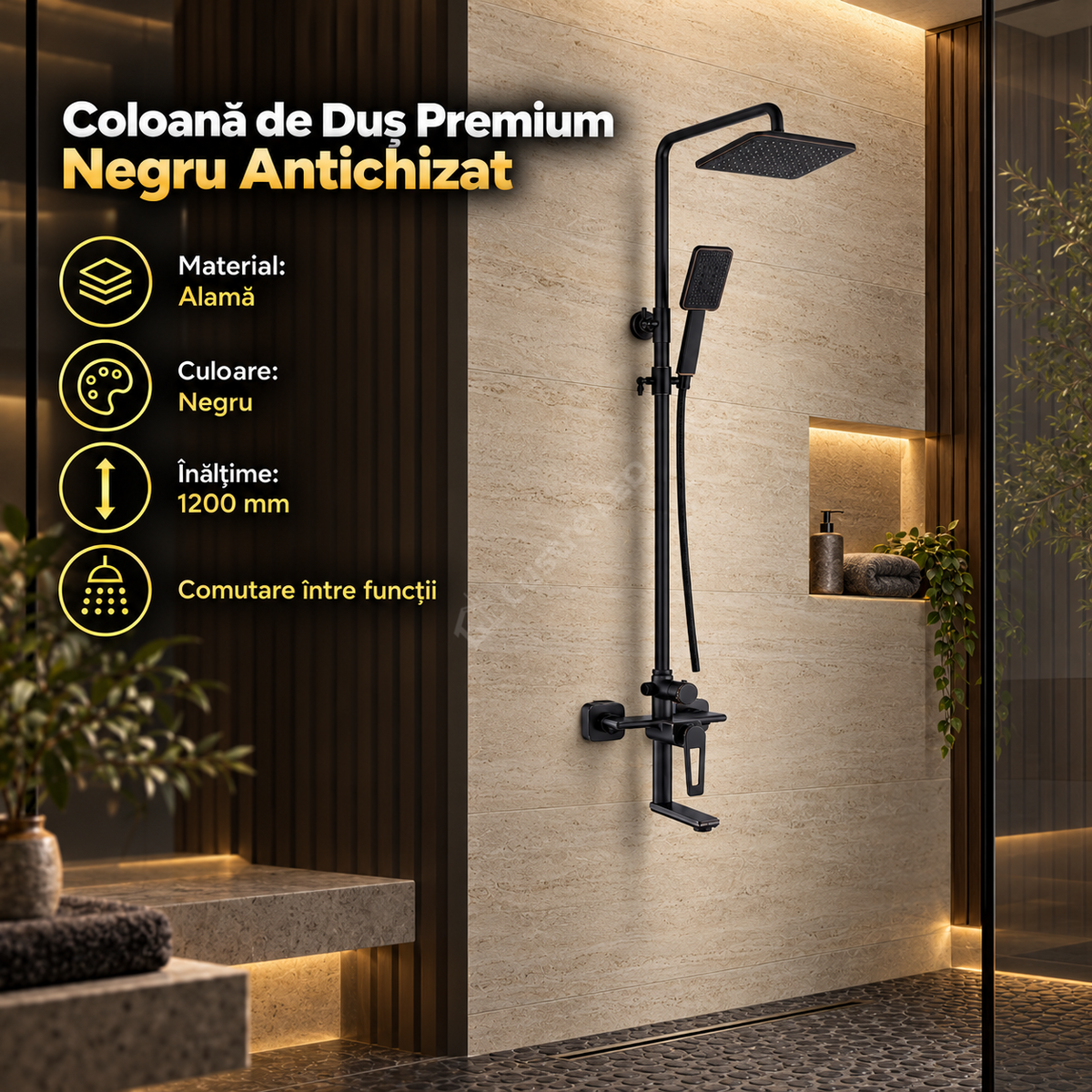 Coloana de Dus Premium Negru Antichizat 1738 cu Insertii Cupru 3 Functii