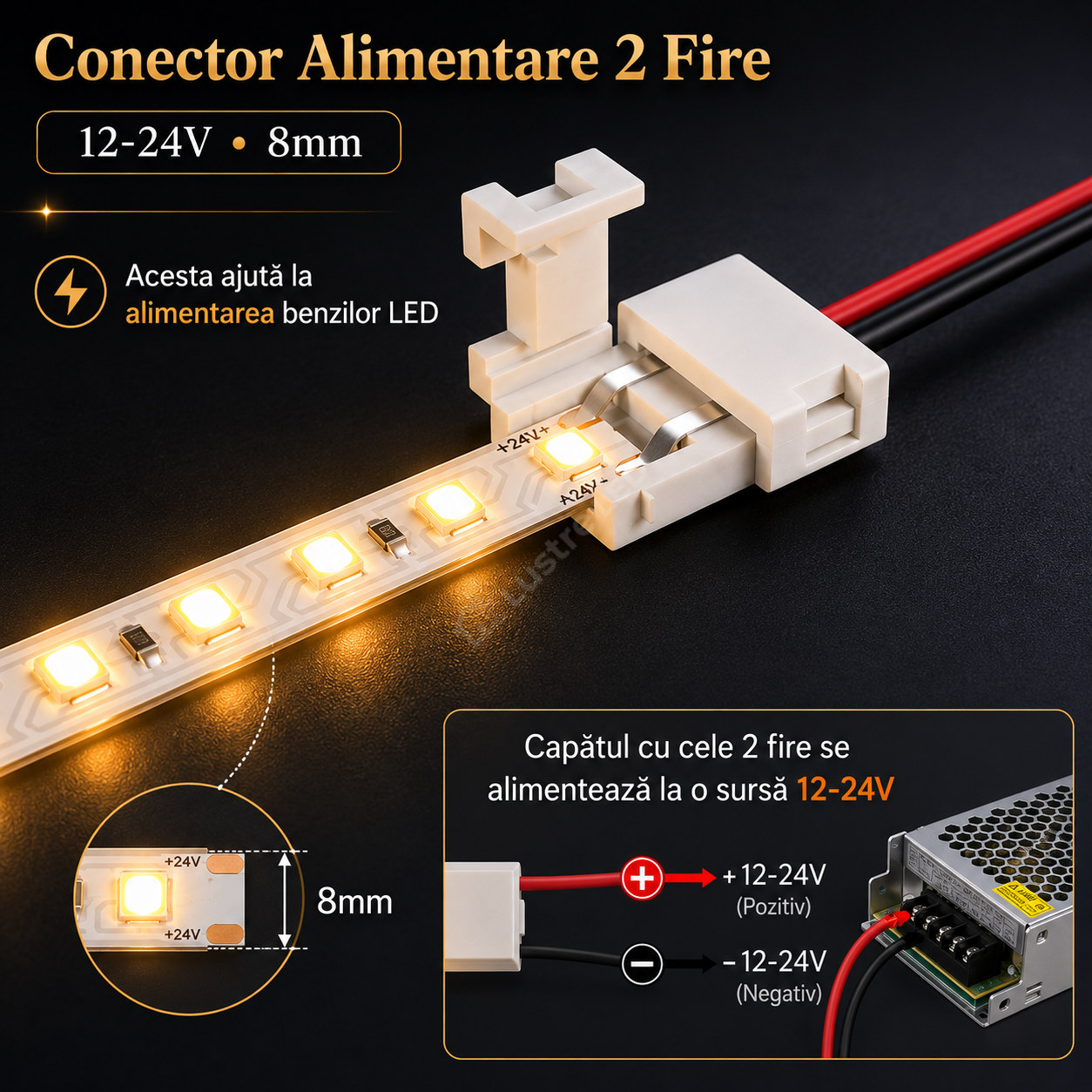 Conector Alimentare 2 Fire 12-24V 8mm