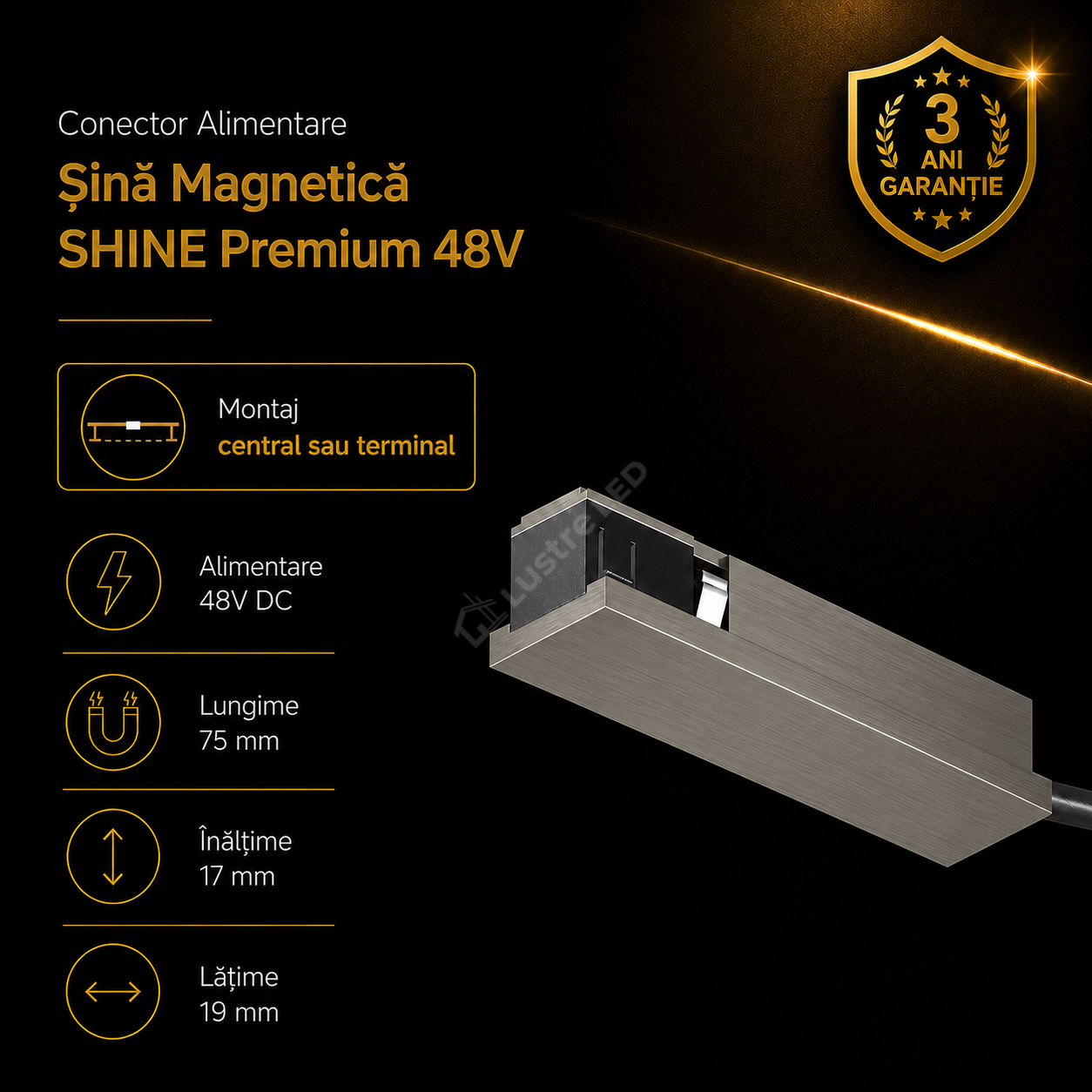 Conector Alimentare Sina Magnetica SHINE BASE TRACK Dark Nickel Premium 7.5CM