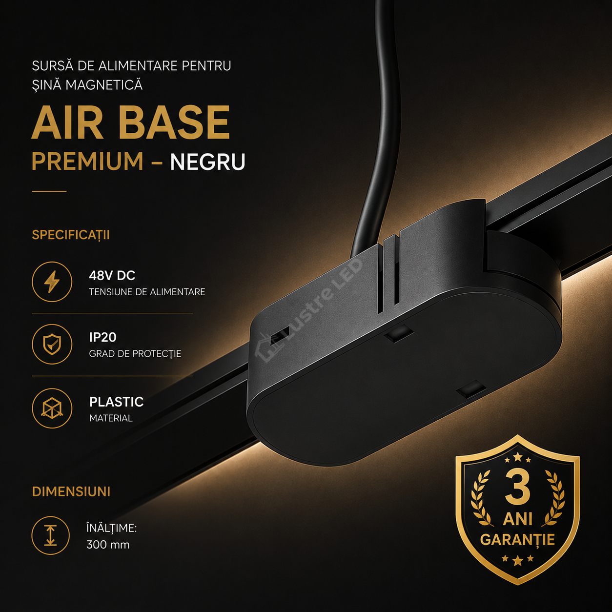 Conector de Alimentare pentru Șină Magnetică AIR BASE Black Premium | 48V DC