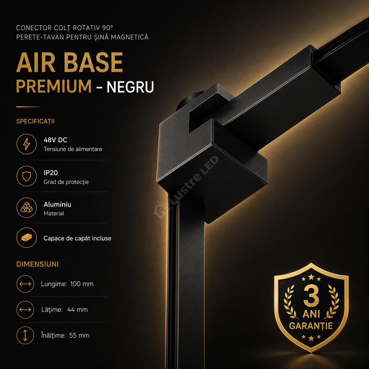 Conector Magnetic Rotativ 90° pentru Sina Magnetica AIR BASE Black Premium Perete - Tavan