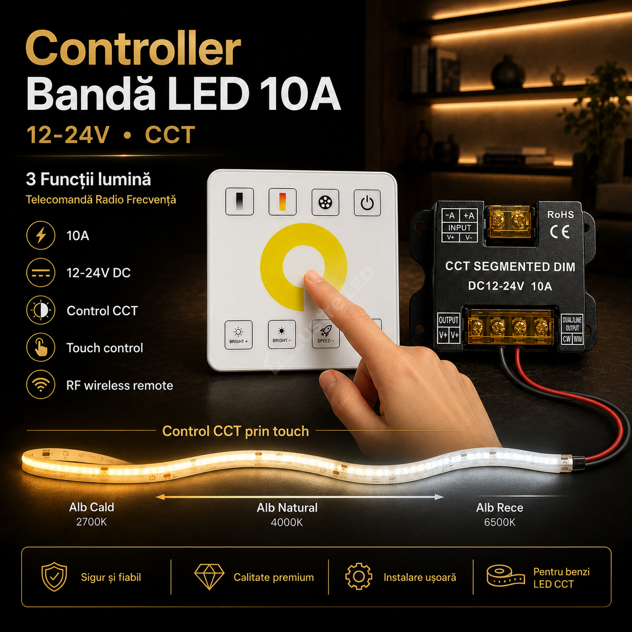 Controller Banda LED 10A, 12-24V, CCT, 3 Functii lumina, Telecomanda RF