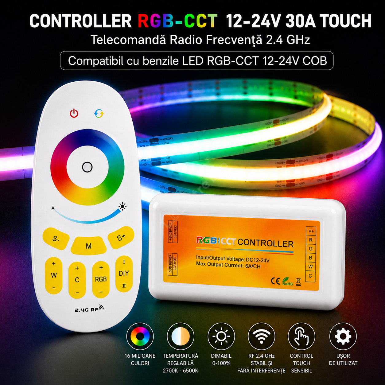 Controller RGB-CCT 12-24V 30A Touch Alb Telecomanda RF