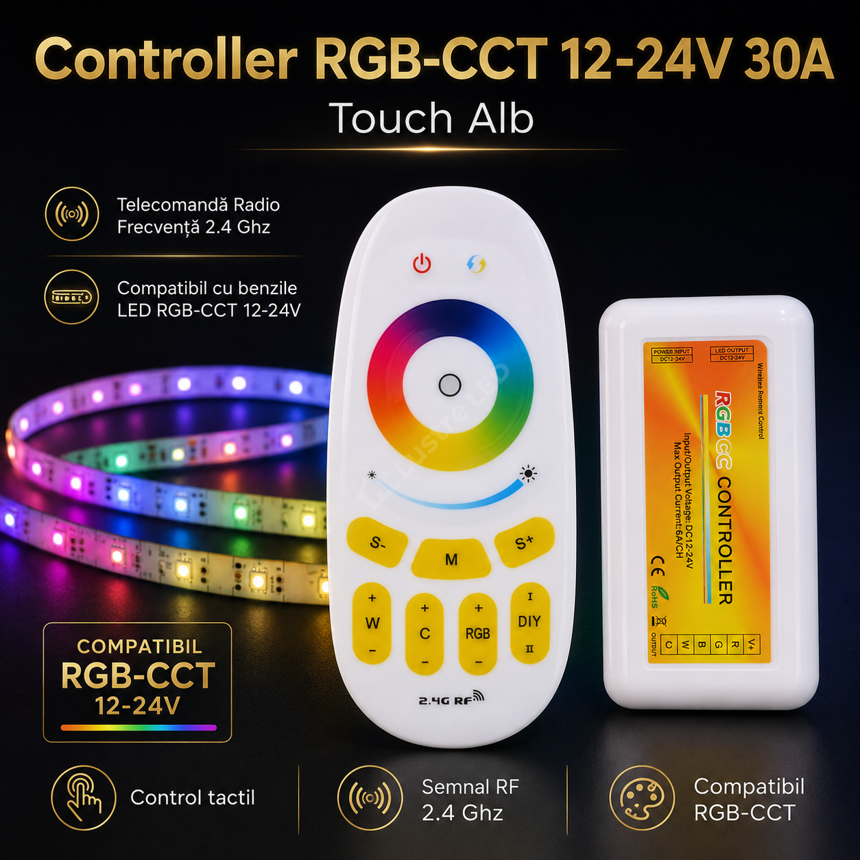 Controller RGB-CCT 12-24V 30A Touch Alb Telecomanda RF