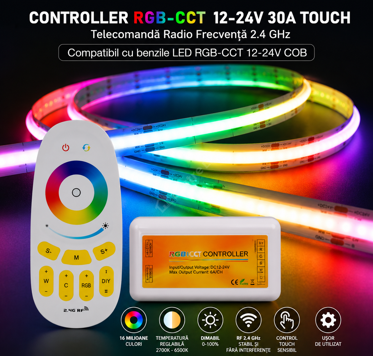 Controller RGB-CCT 12-24V 30A Touch Alb Telecomanda RF