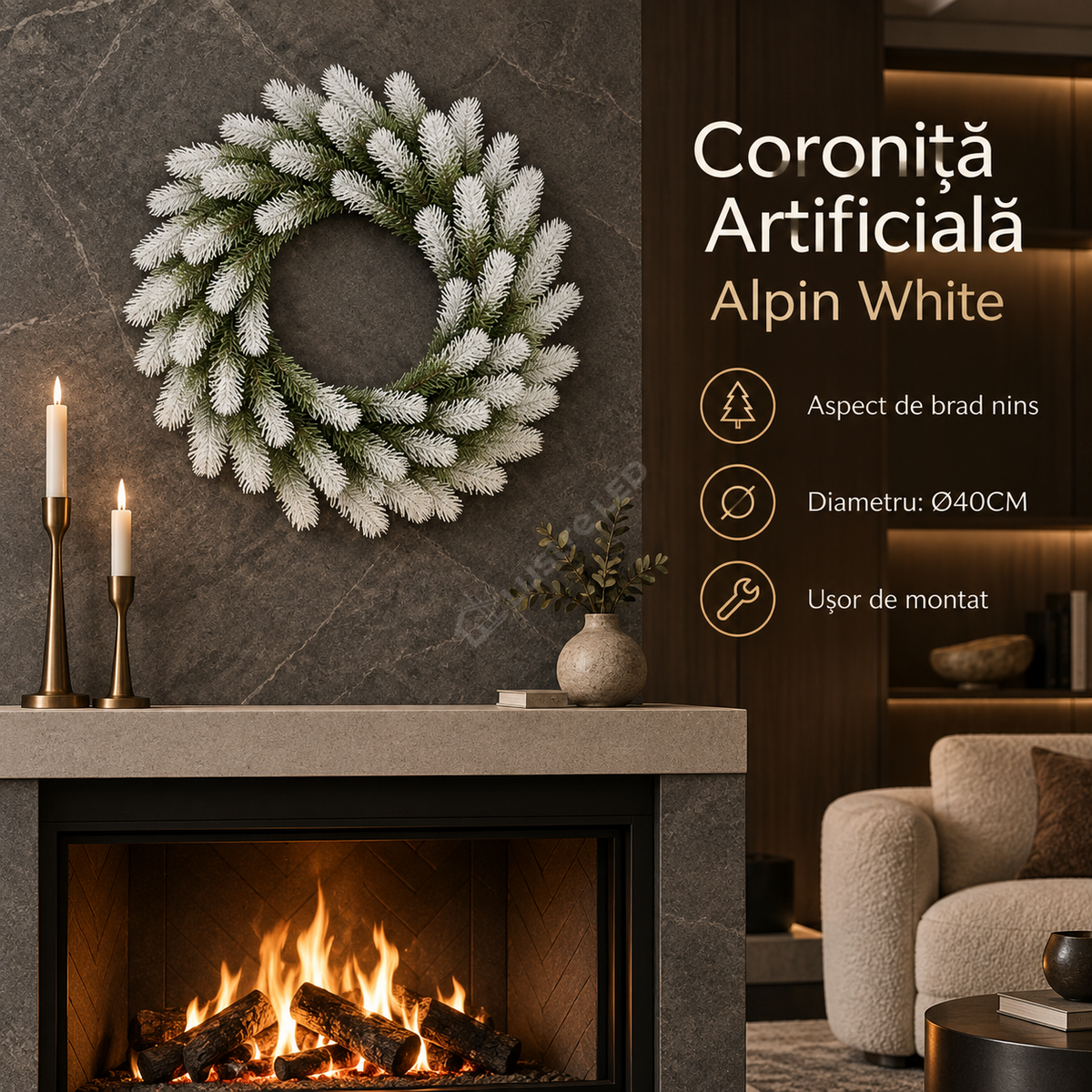 Coronita Artificiala De Craciun Alpin White Ø40CM
