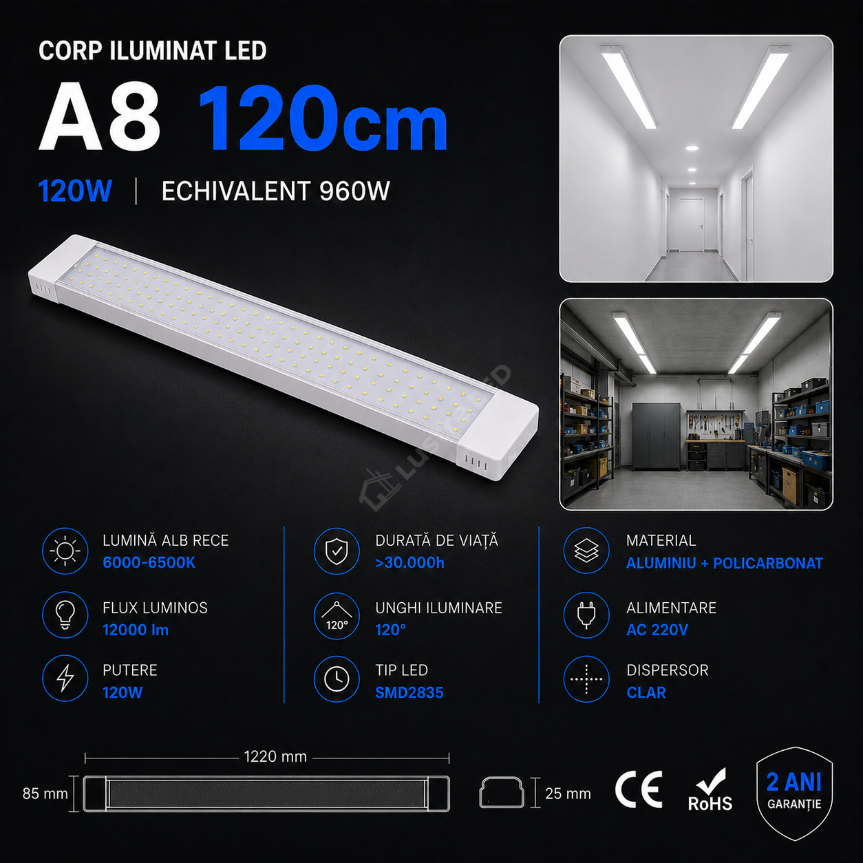 Corp Iluminat LED 120W 120cm A8 12000lm 6500K IP21