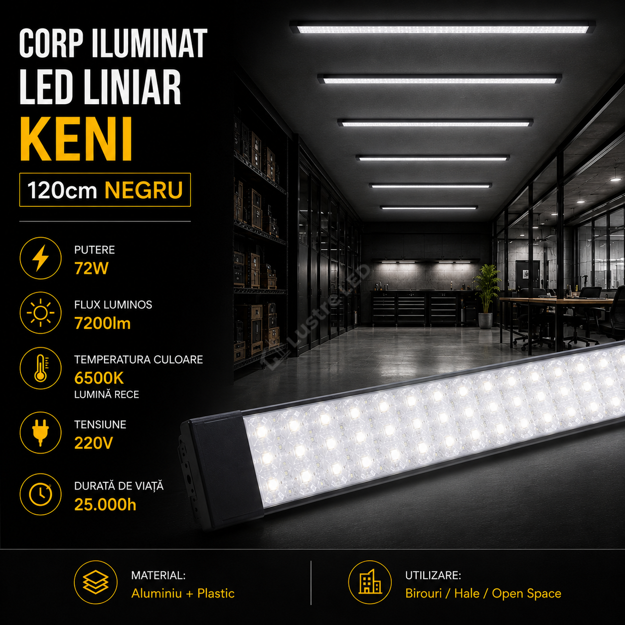 Corp Iluminat LED Liniar Negru 72W KENI 120cm