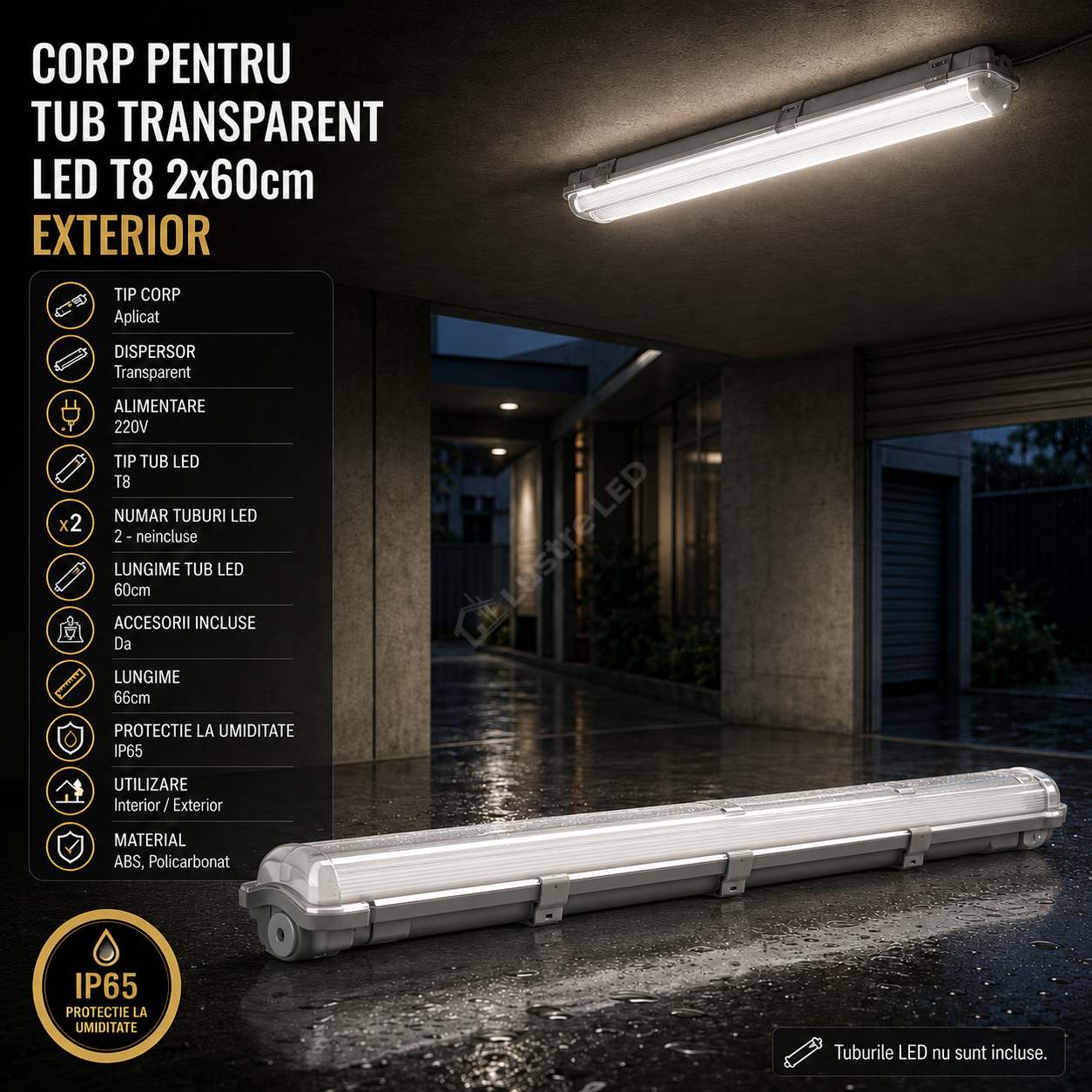 Corp Pentru Tub Transparent LED T8 2x60cm Exterior