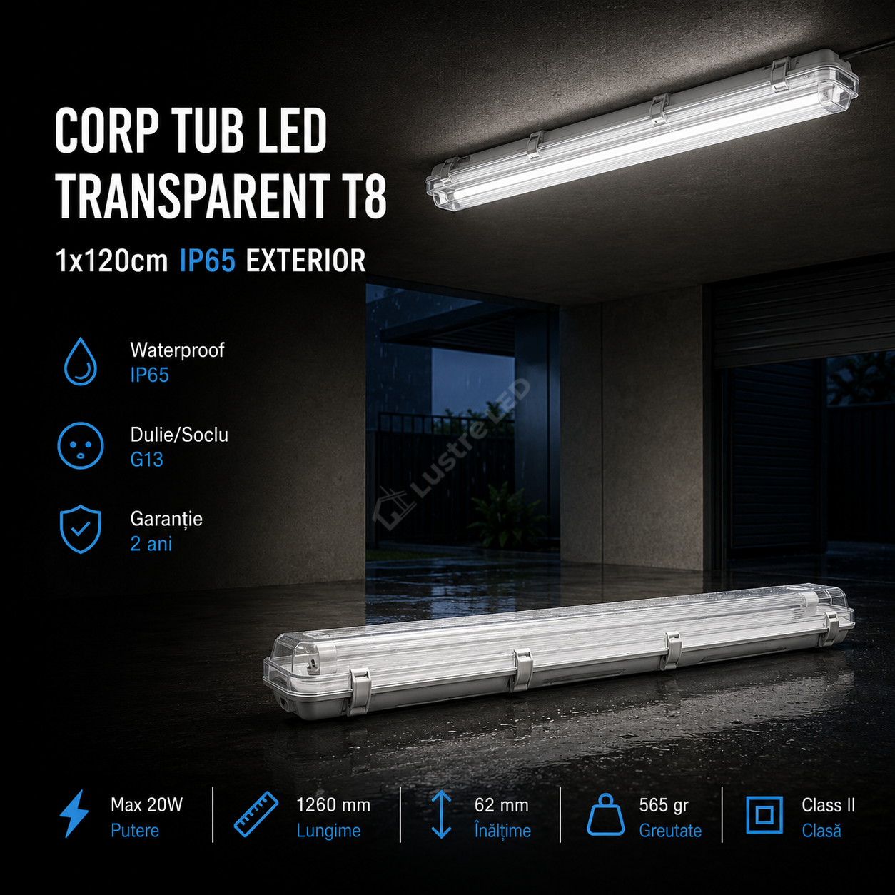 Corp Tub LED Transparent T8 1x120cm IP65 Exterior