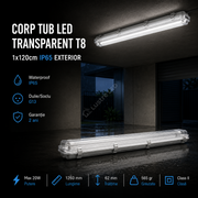 Corp Tub LED Transparent T8 1x120cm IP65 Exterior