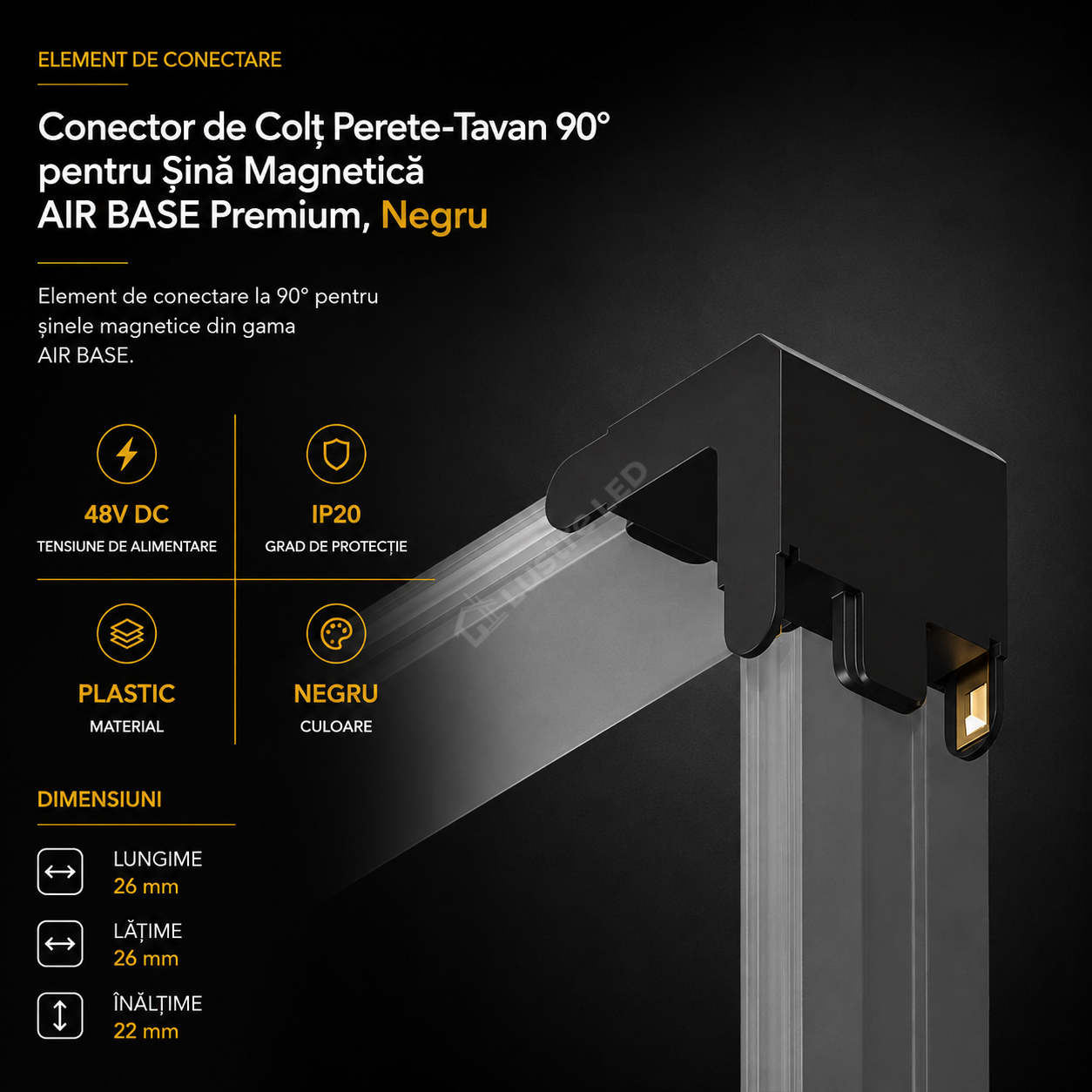 Element Îmbinare 90° Perete-Tavan pentru Șină Magnetică AIR BASE Black Premium | 48V DC