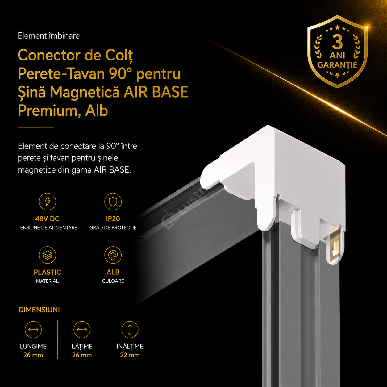 Element Îmbinare 90° Perete-Tavan pentru Șină Magnetică AIR BASE White Premium | 48V DC