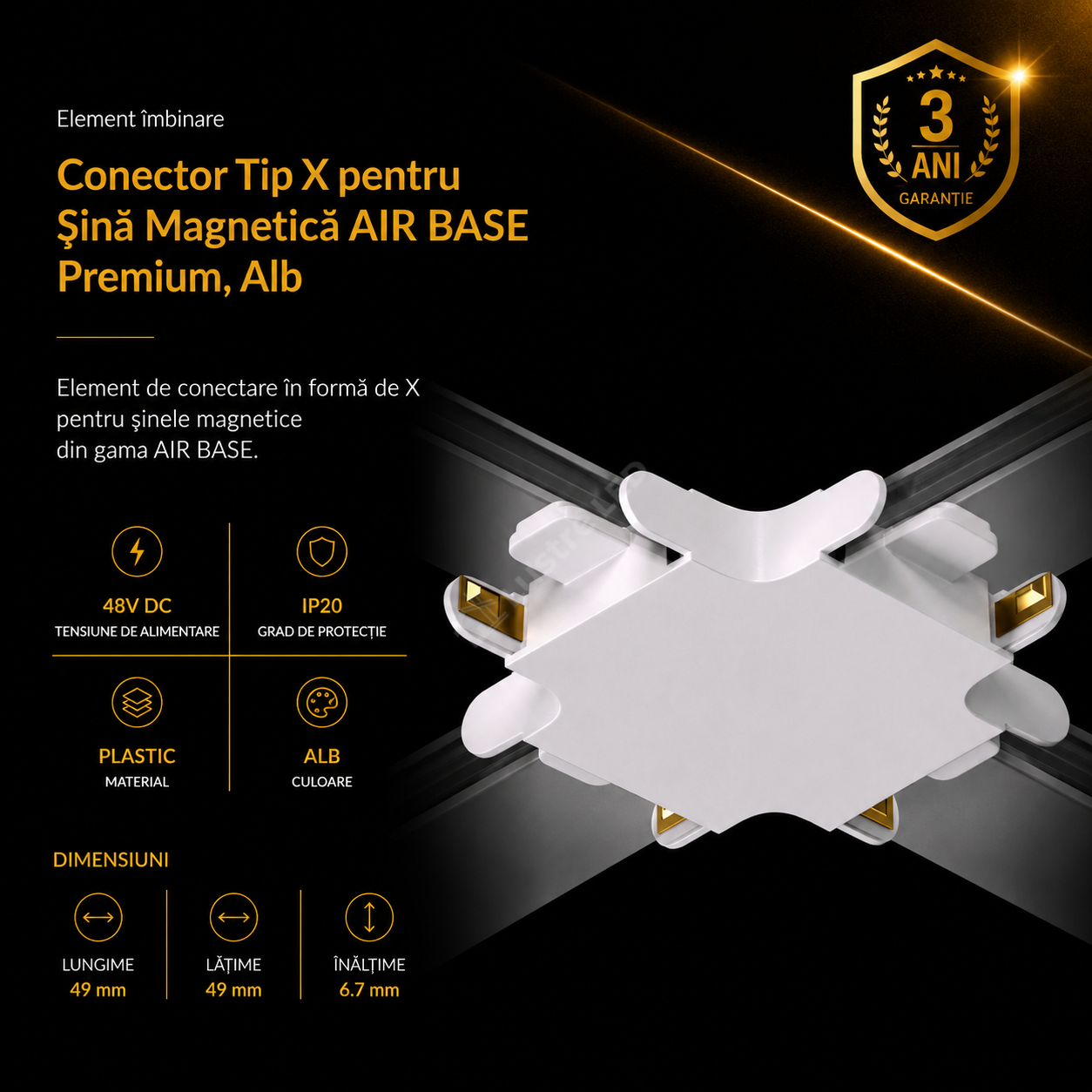 Element Îmbinare Tip X pentru Șină Magnetică AIR BASE White Premium | 48V DC