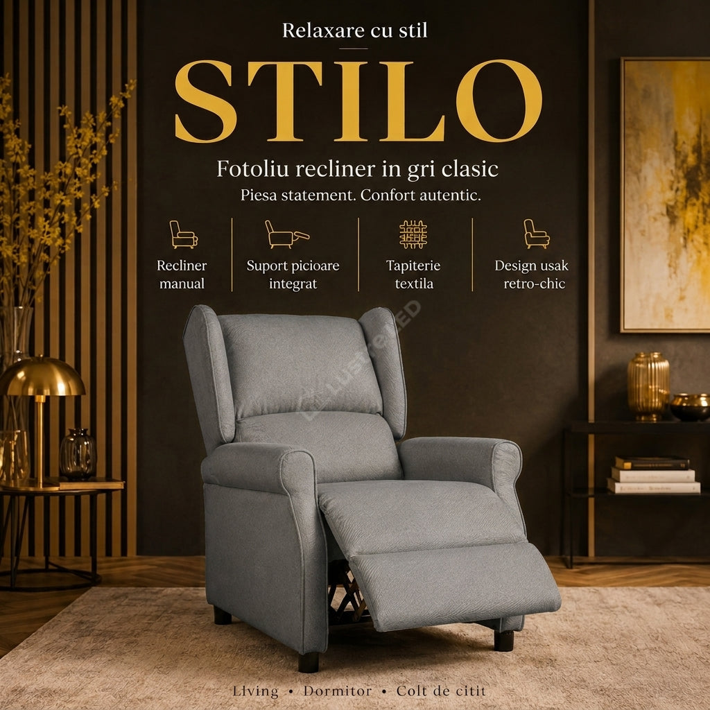 Fotoliu Recliner STILO Grey Spatar Inalt cu Suport Picioare