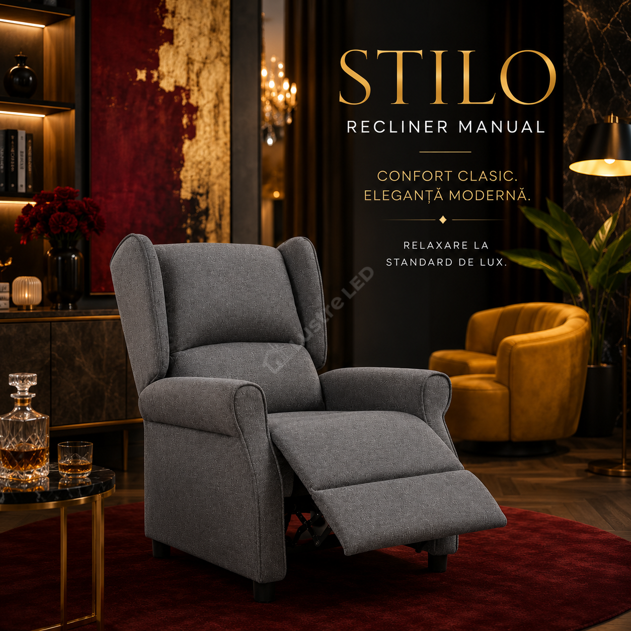 Fotoliu Recliner STILO Grey Spatar Inalt cu Suport Picioare