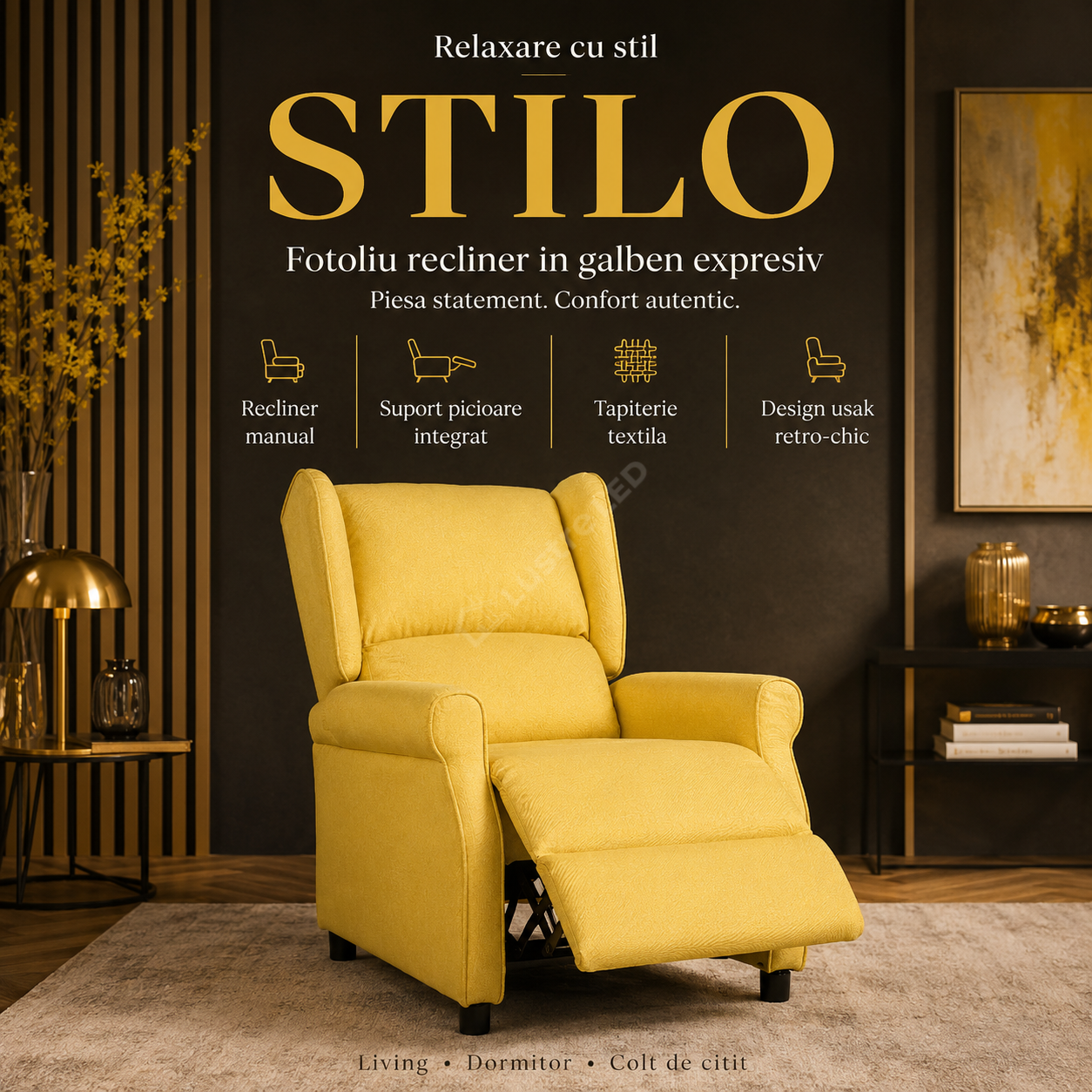 Fotoliu Recliner STILO Yelllow Spatar Inalt cu Suport Picioare