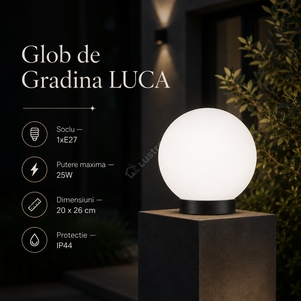 Glob de Gradina LUCA Black 1xE27 cu Abajur Alb IP44