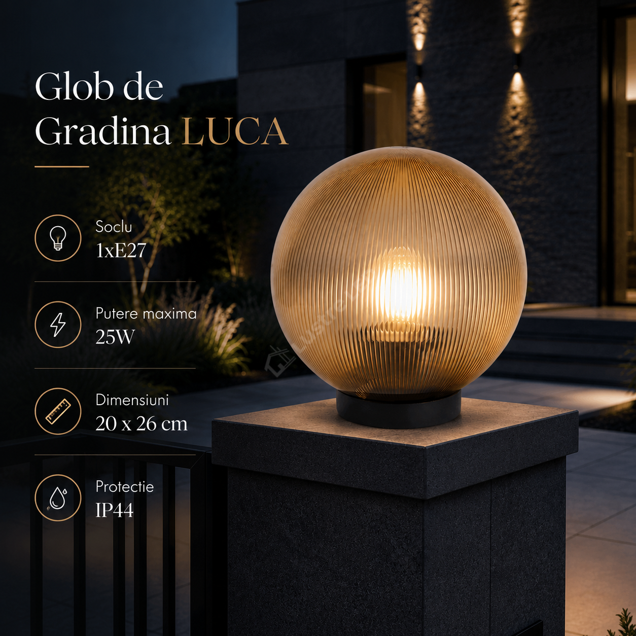 Glob de Gradina LUCA Black 1xE27 cu Abajur Auriu IP44