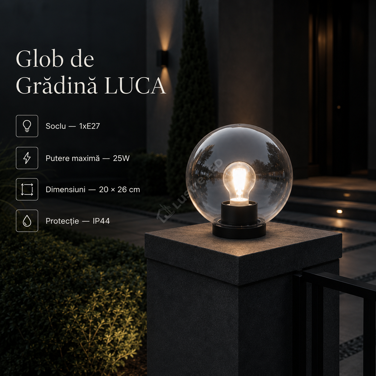 Glob de Gradina LUCA Black 1xE27 cu Abajur Transparent IP44 26CM