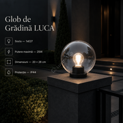 Glob de Gradina LUCA Black 1xE27 cu Abajur Transparent IP44 26CM