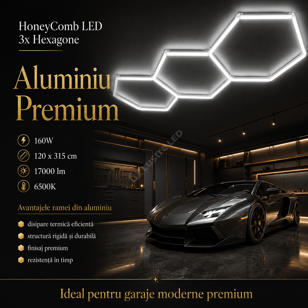 HoneyComb LED 3x Hexagone Aluminiu Premium 160W, 120x315cm, 17000lm, 6500K