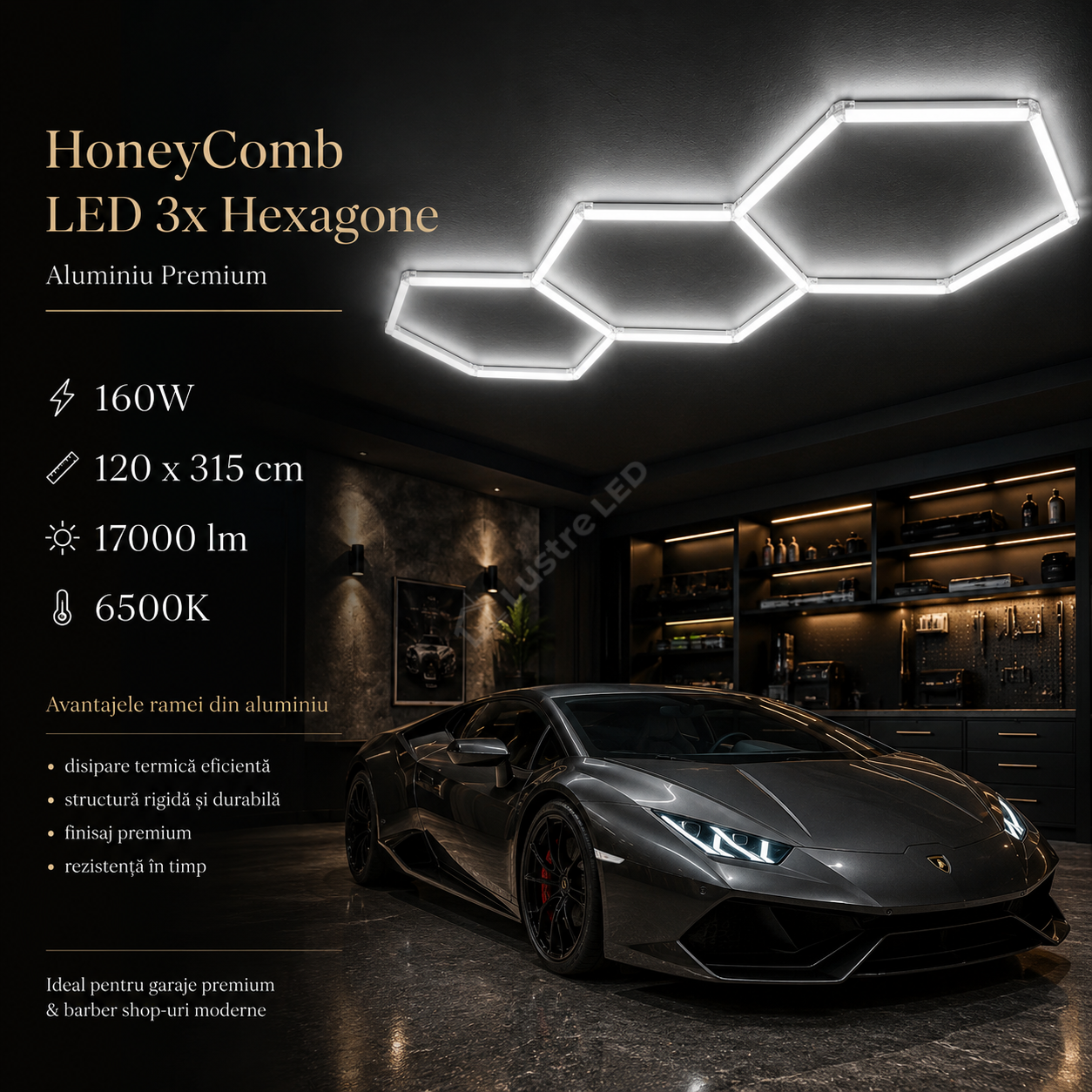 HoneyComb LED 3x Hexagone Aluminiu Premium 160W, 120x315cm, 17000lm, 6500K