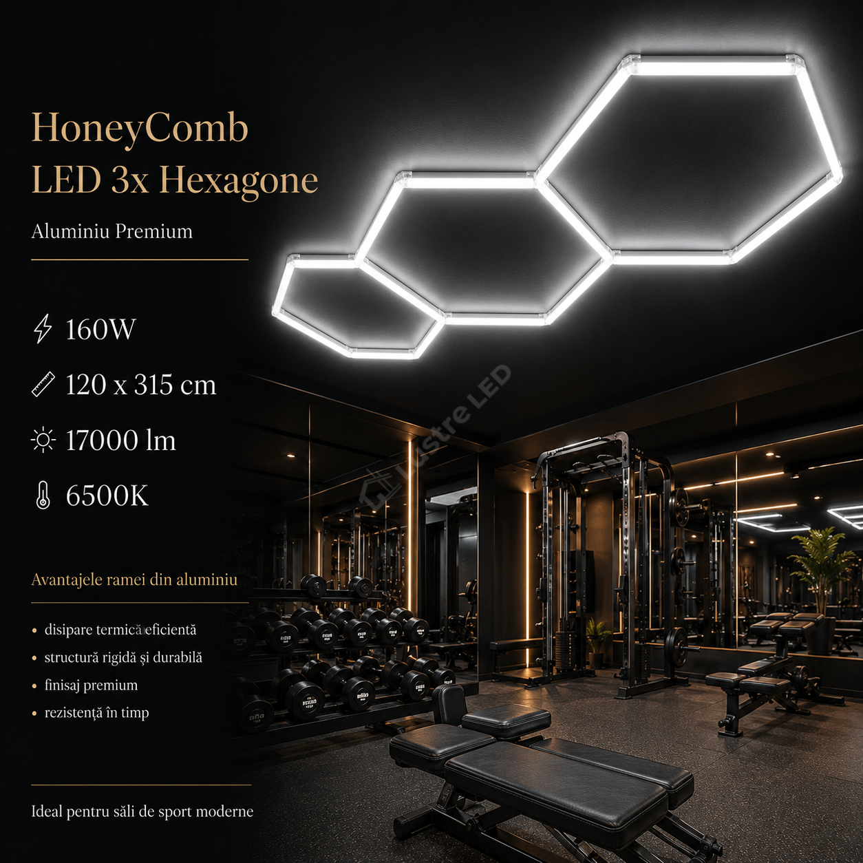 HoneyComb LED 3x Hexagone Aluminiu Premium 160W, 120x315cm, 17000lm, 6500K