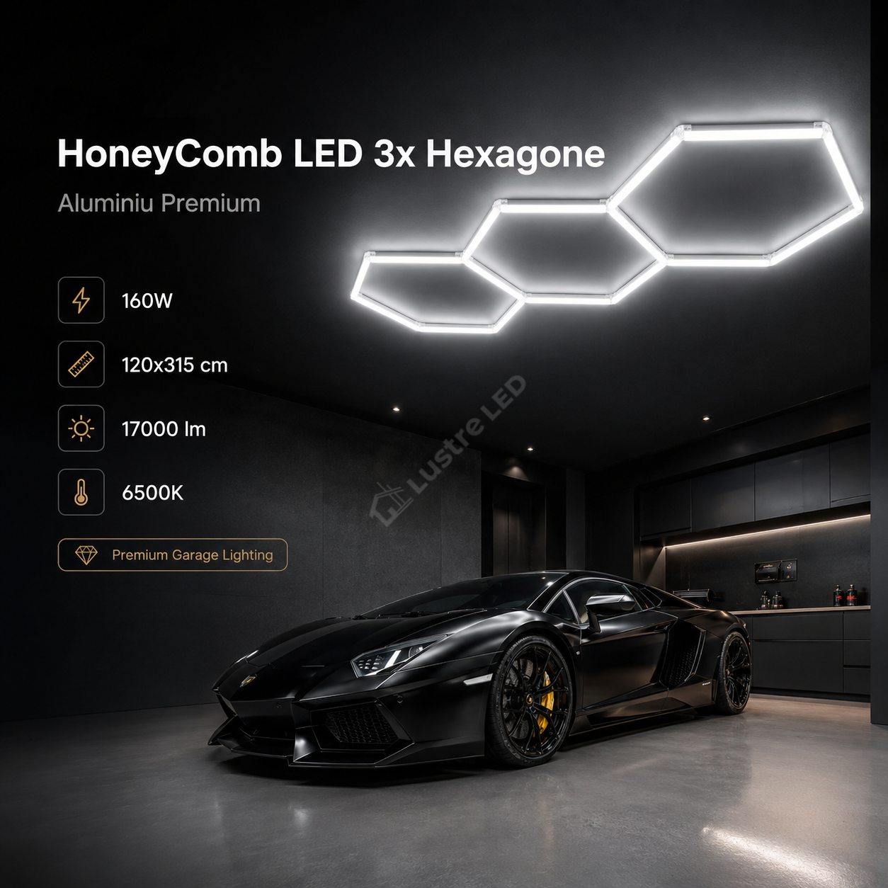 HoneyComb LED 3x Hexagone Aluminiu Premium 160W, 120x315cm, 17000lm, 6500K