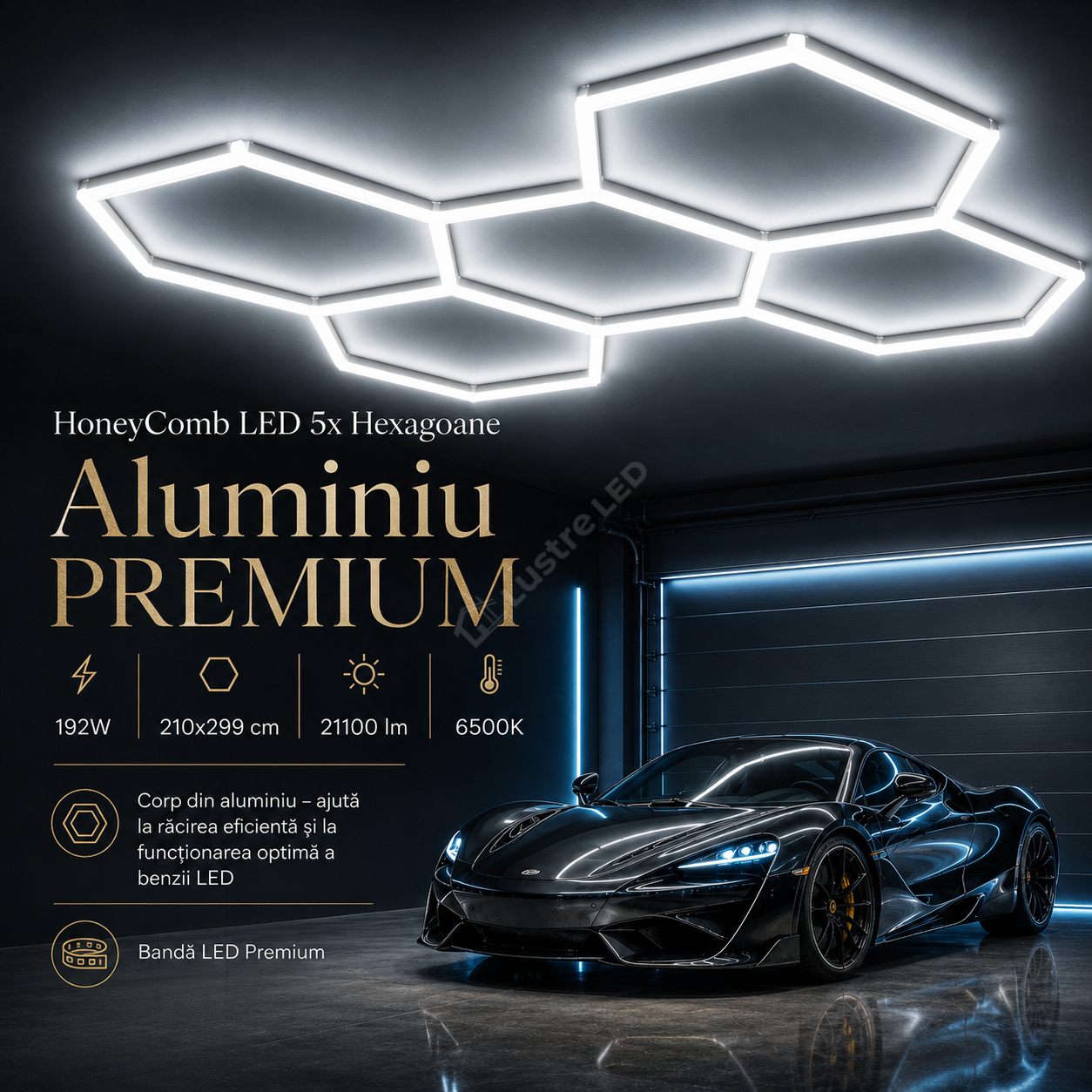 HoneyComb LED 5x Hexagone Aluminiu Premium 192W, 210x299cm, 21100lm, 6500K