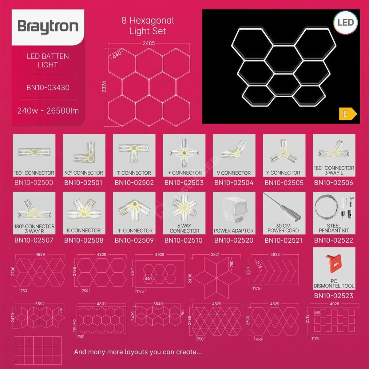 HoneyComb LED 8x Hexagoane 240W | 238x238CM | 26500lm | 6500K
