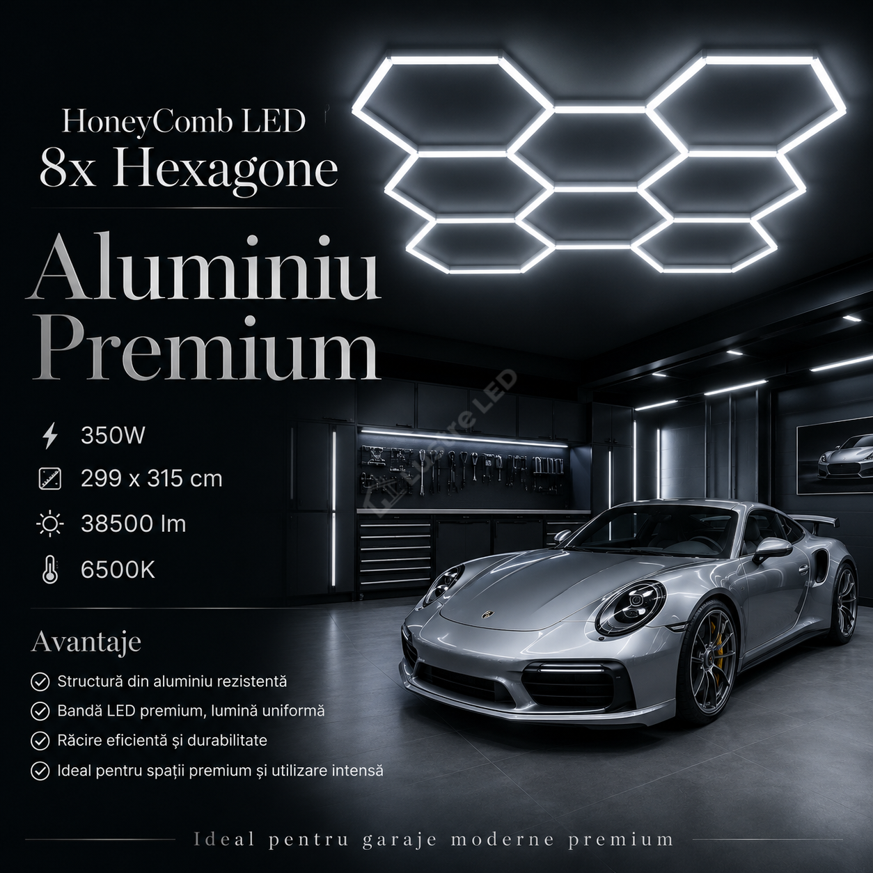 HoneyComb LED 8x Hexagone Aluminiu Premium 350W, 299x315cm, 38500lm, 6500K