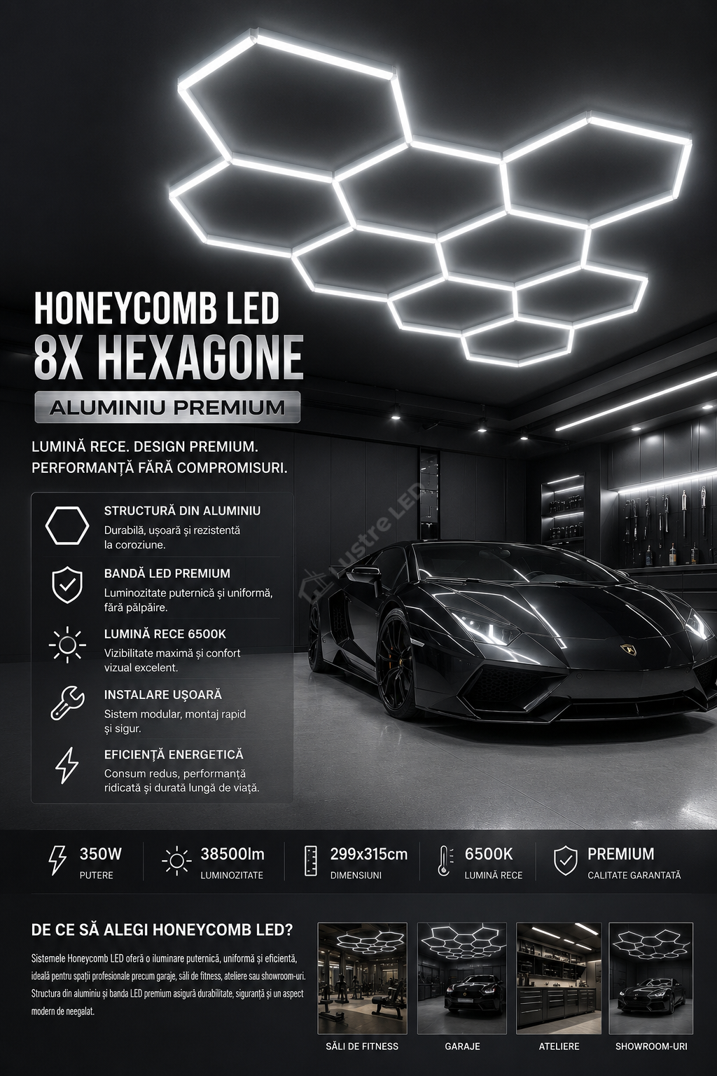 HoneyComb LED 8x Hexagone Aluminiu Premium 350W, 299x315cm, 38500lm, 6500K